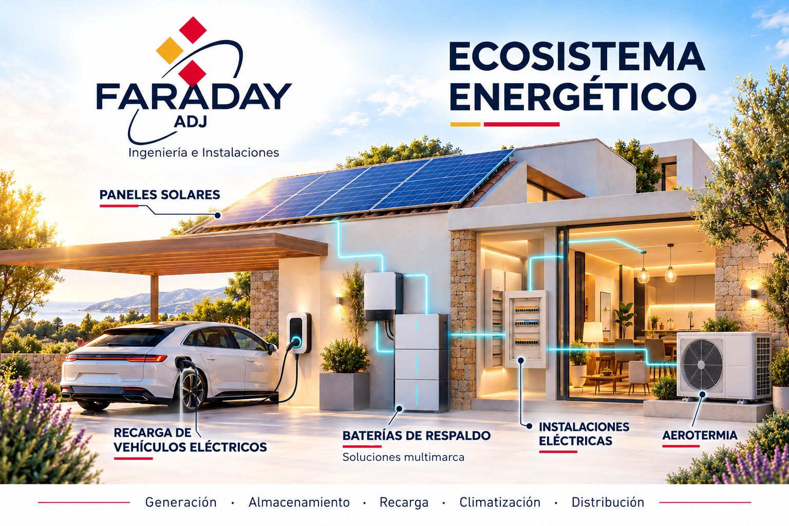 Ecosistema energético Faraday ADJ: paneles solares, recarga de vehículos eléctricos, baterías de respaldo, instalaciones eléctricas y aerotermia